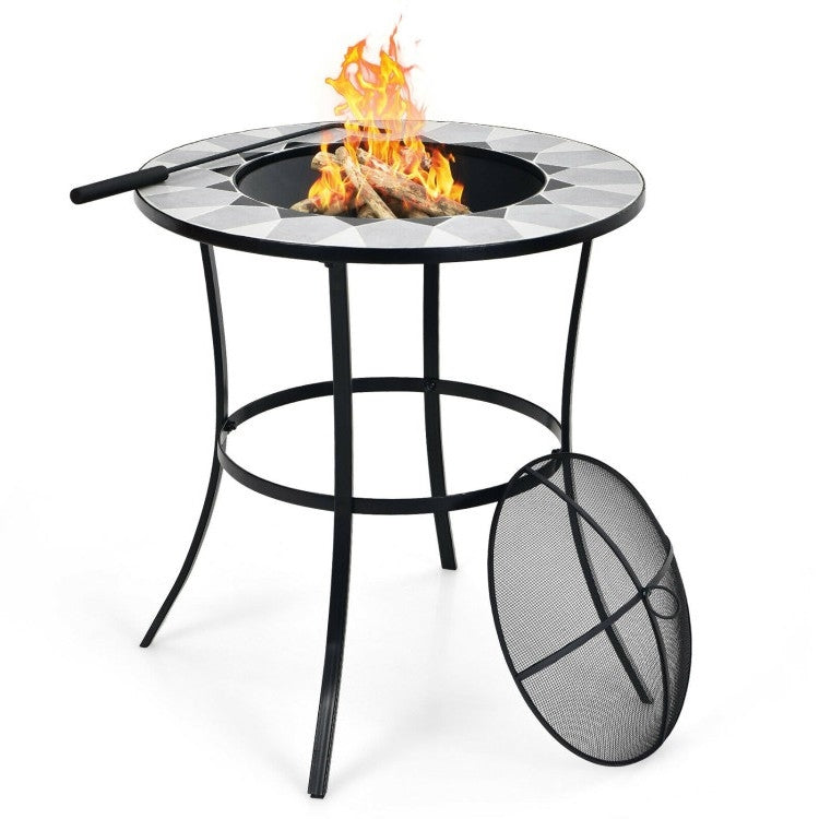 Portable Round Fire Pit Table with Mesh Cover and Fire Poker-0