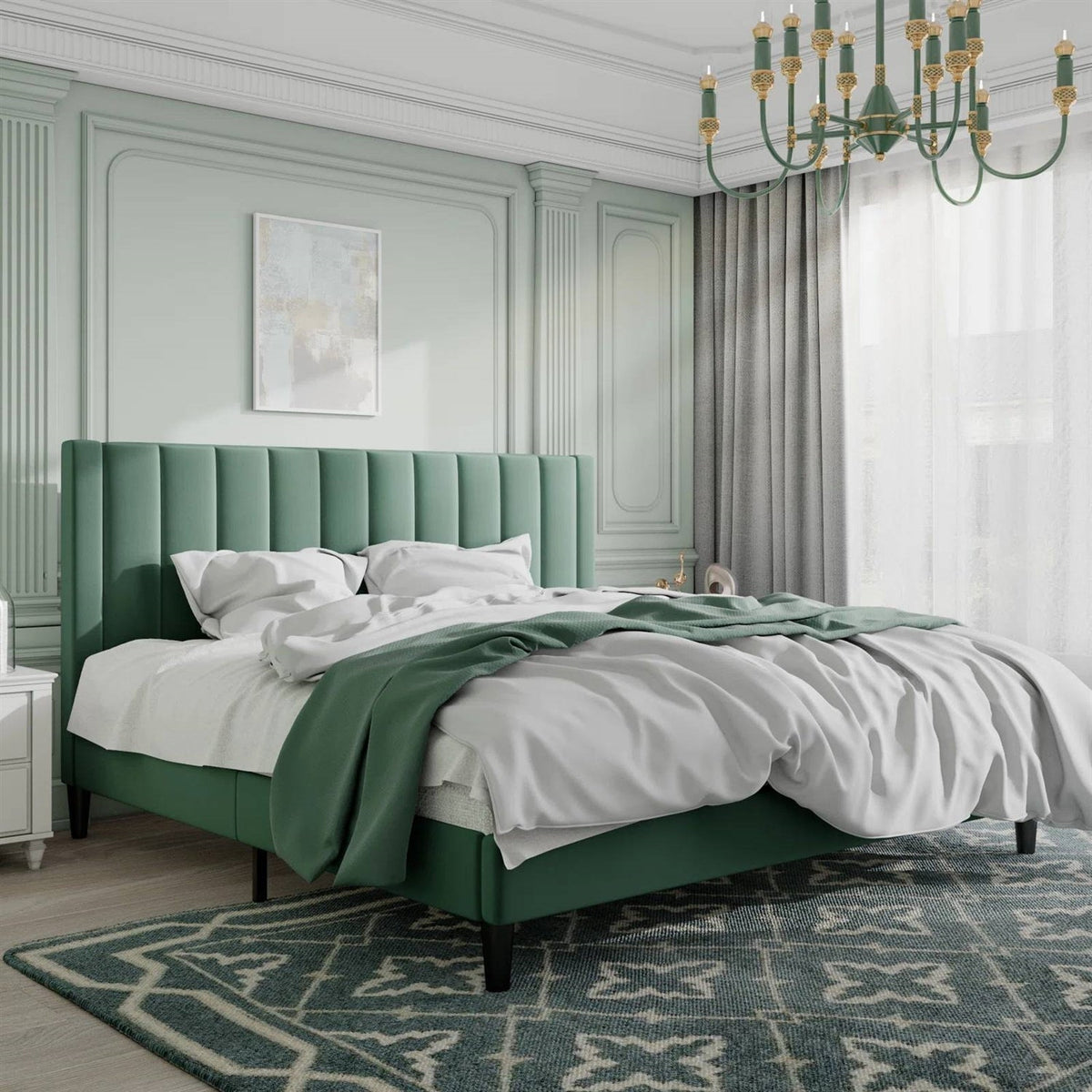 King size Modern Green Velvet Upholstered Platform Bed with Headboard-2